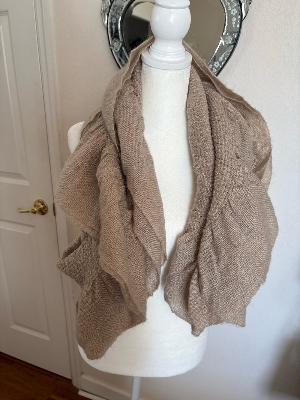 Express Beige With Gold Threading Ruffle-Trim Infinity Scarf - Picture 4 of 6